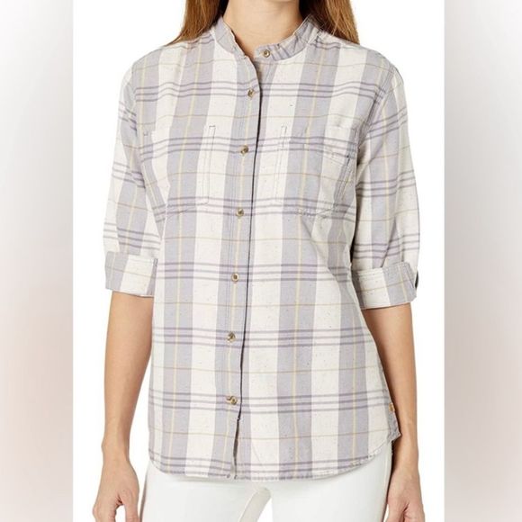 Carhartt Women's Relaxed Fit 3/4 Sleeve Plaid Shirt Gule Gray purple tan Large - Picture 2 of 12